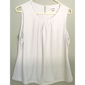 Calvin Klein Blouse‎ Womens 14P White Sleeveless Pleated Neck Stretch Petite EUC